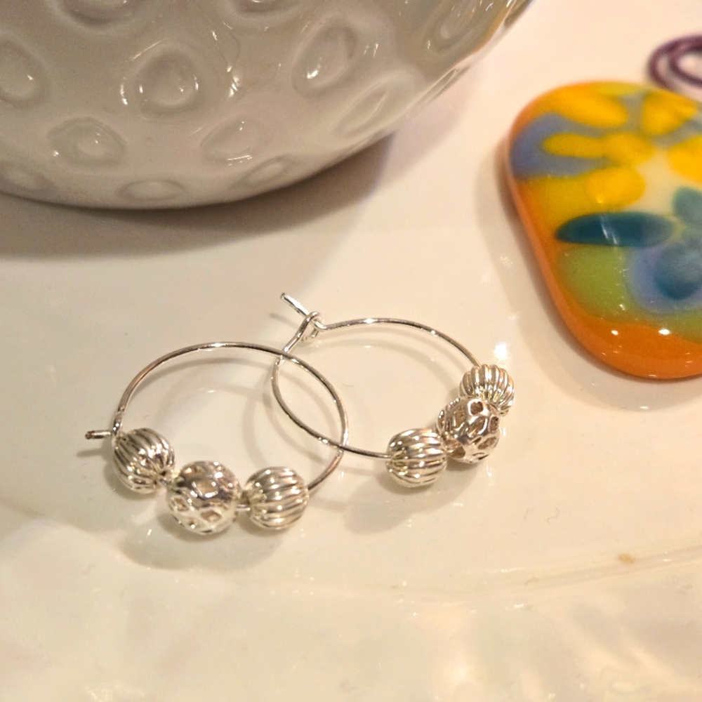 Delicate Handmade Silver Beaded Hoop Pierced Earrings